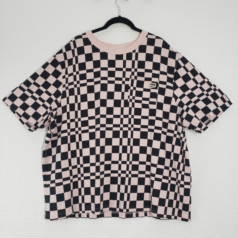 Puma Pocket T-Shirt Mens XXL Pink Black Checkerboard Oversized Streetwear Tee